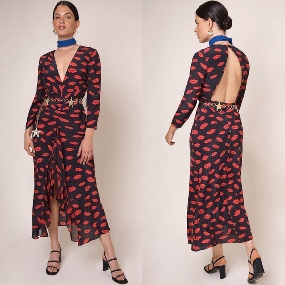 Rixo Dress Rose Kiss Cutout Ruffled Ruched Midi Valentines Red Lips XS 4 GUC - Picture 13 of 13